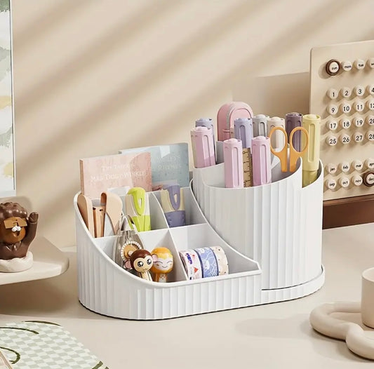 Organizador Giratorio de Maquillaje con Porta Brochas – Compacto, Elegante y Funcional